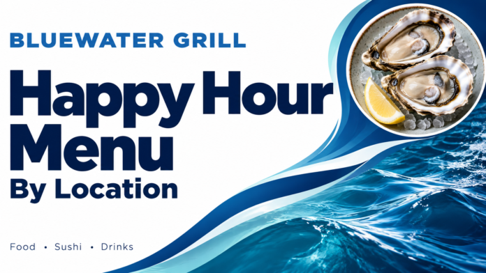 Bluewater Grill happy hour menu title with blue wave graphics and a small photograph of two oysters.