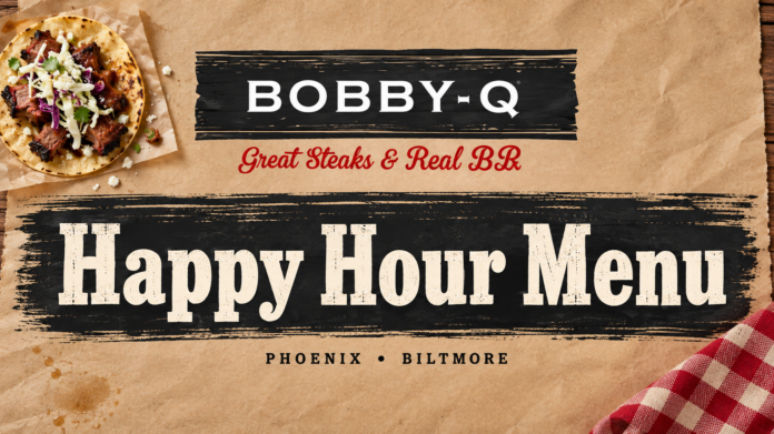 Bobby-Q happy hour menu title on kraft paper with its logo, a brisket taco and red gingham cloth.