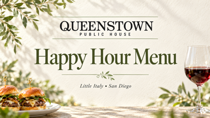Queenstown Public House happy hour title with sage foliage, two sliders and a red wine glass.