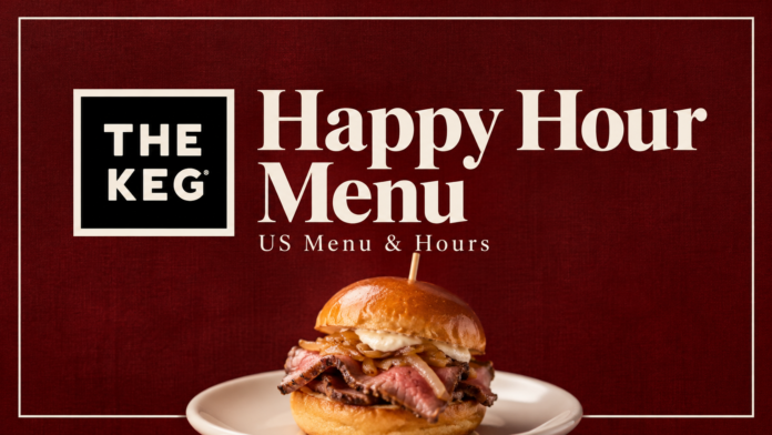 The Keg logo and happy hour menu title on a burgundy background with one prime rib slider.