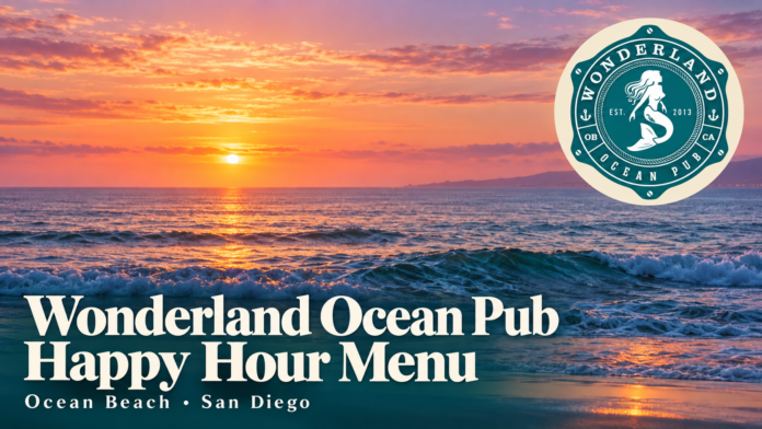 Wonderland Ocean Pub happy hour title and mermaid logo over an ocean sunset.